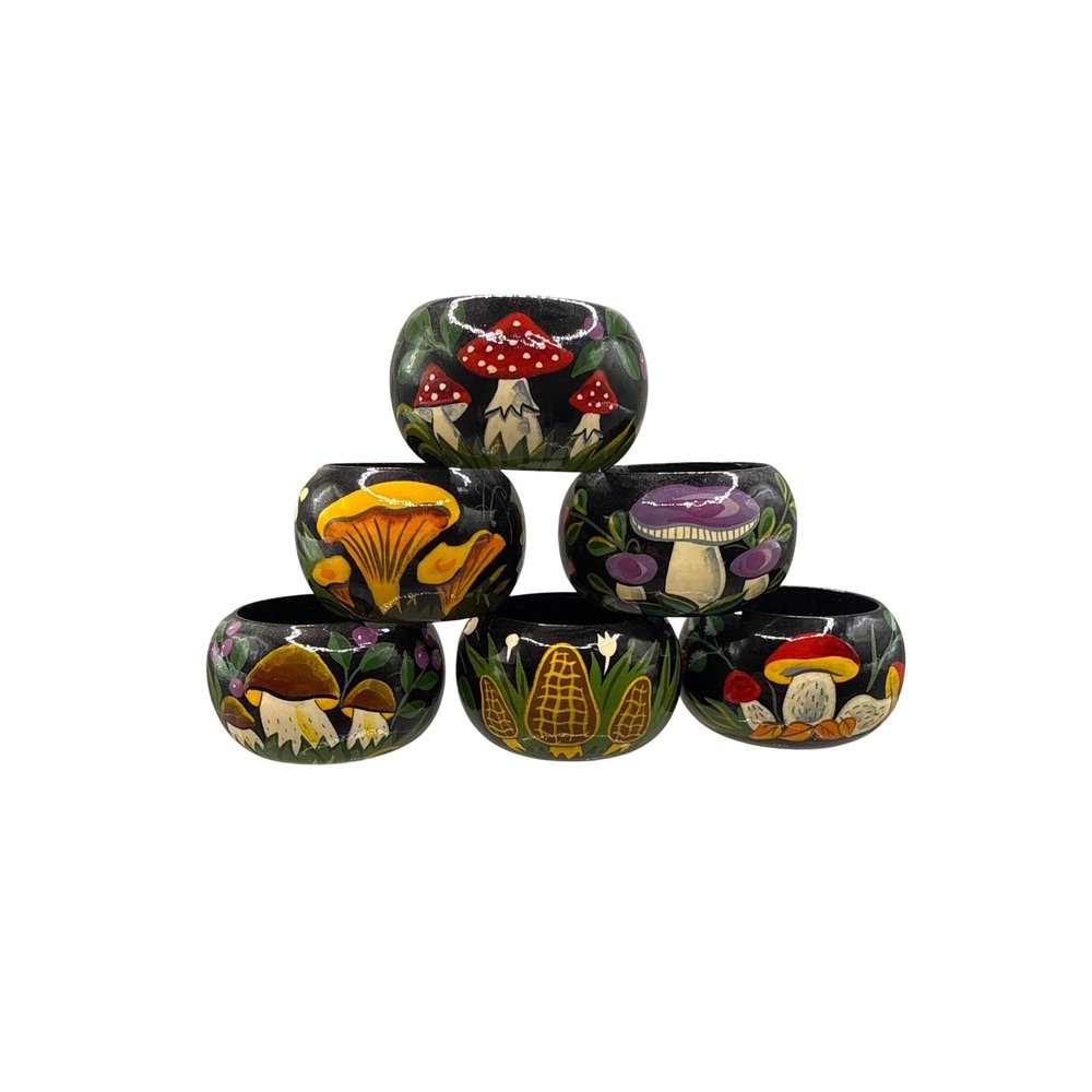 European Tole Napkin Rings MCM Groovy Mushroom Handpainted Folk Art